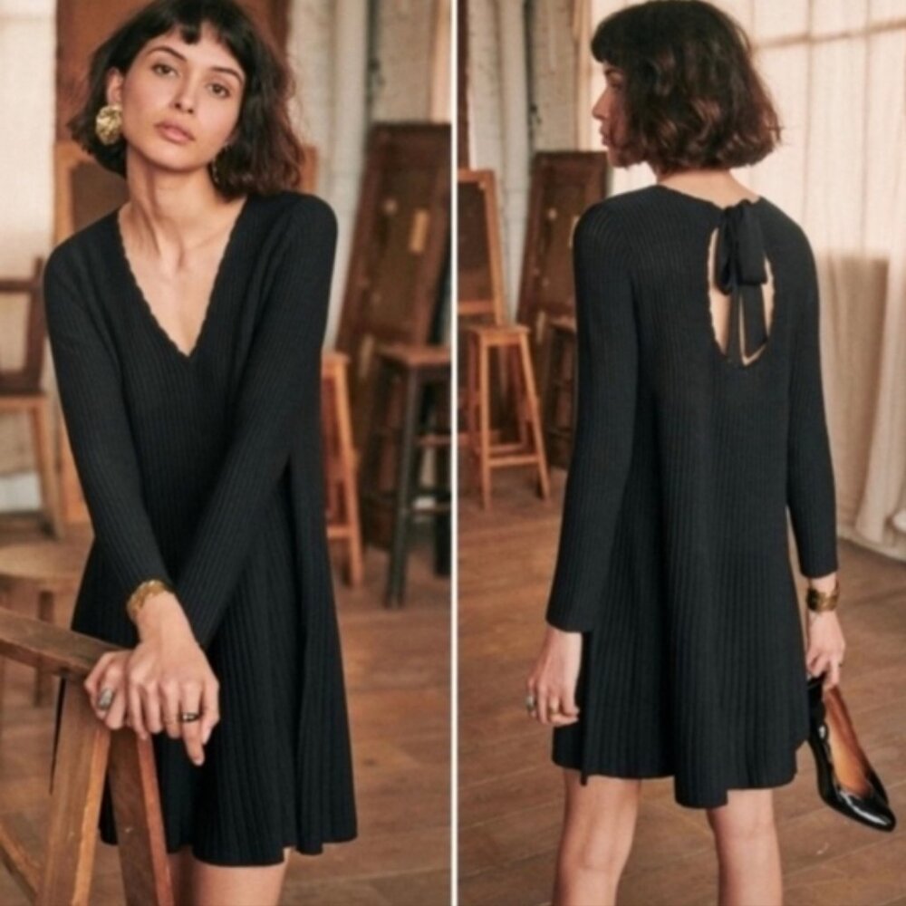 Sezane Black Ribbed Long-Sleeve Mini Dress
